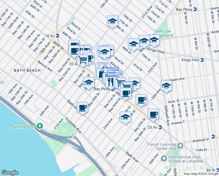 map of restaurants, bars, coffee shops, grocery stores, and more near 2180a 86th Street in Brooklyn