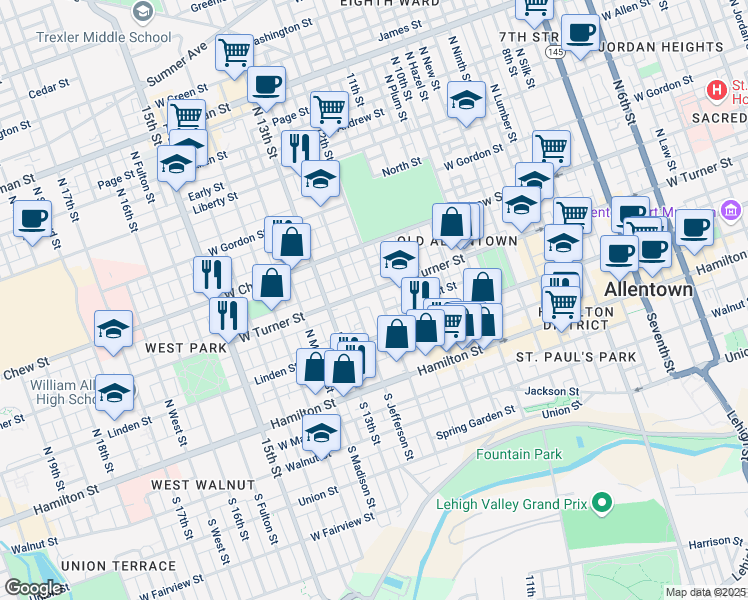 map of restaurants, bars, coffee shops, grocery stores, and more near 148 North 12th Street in Allentown