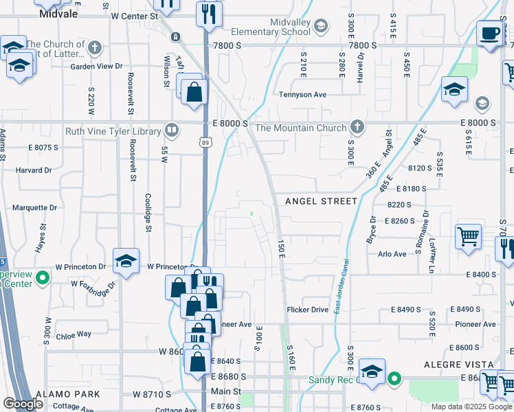 map of restaurants, bars, coffee shops, grocery stores, and more near 116 East Resaca Drive in Sandy