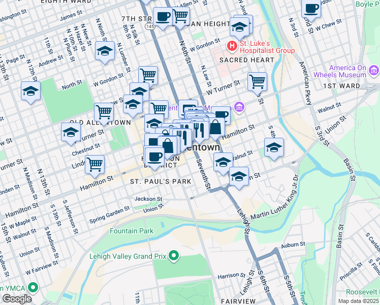map of restaurants, bars, coffee shops, grocery stores, and more near in Allentown