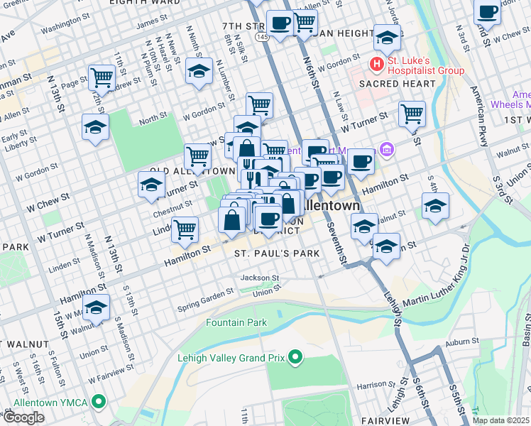 map of restaurants, bars, coffee shops, grocery stores, and more near 25 North Ninth Street in Allentown