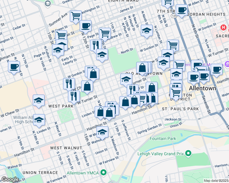 map of restaurants, bars, coffee shops, grocery stores, and more near 1220 West Turner Street in Allentown