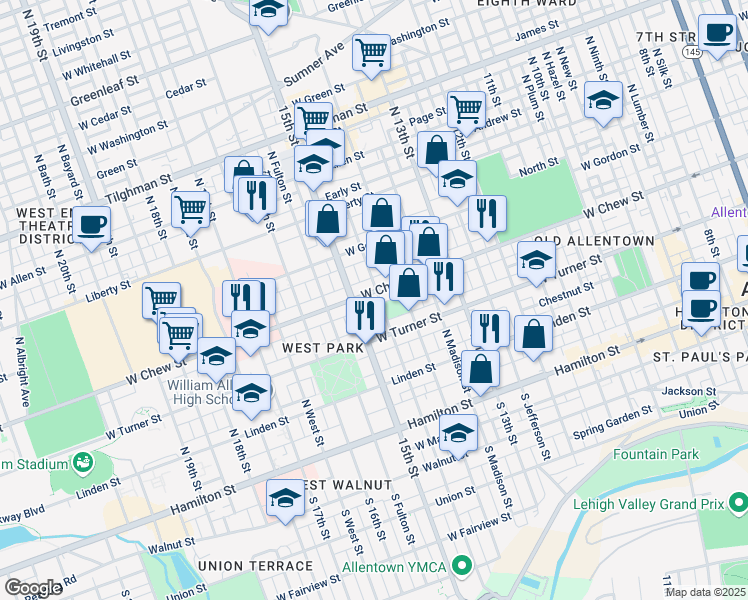 map of restaurants, bars, coffee shops, grocery stores, and more near 1432 West Chew Street in Allentown