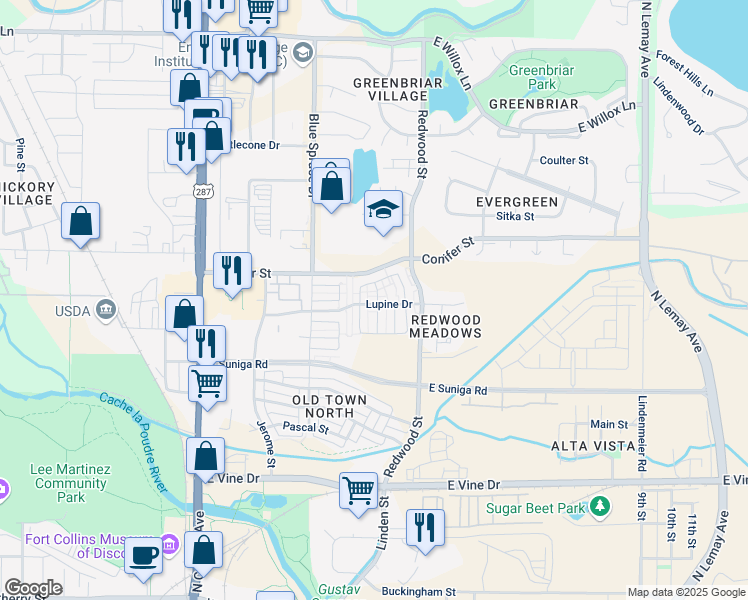map of restaurants, bars, coffee shops, grocery stores, and more near 494 Lupine Drive in Fort Collins