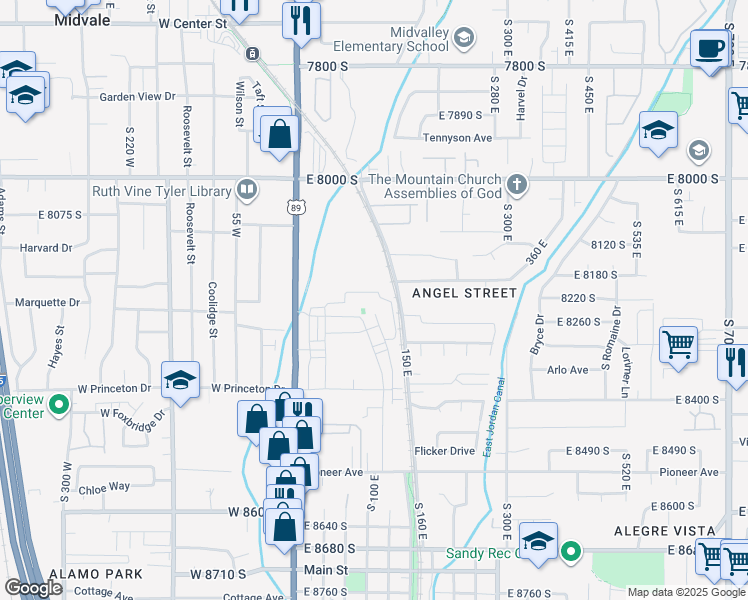map of restaurants, bars, coffee shops, grocery stores, and more near 116 East Resaca Drive in Sandy