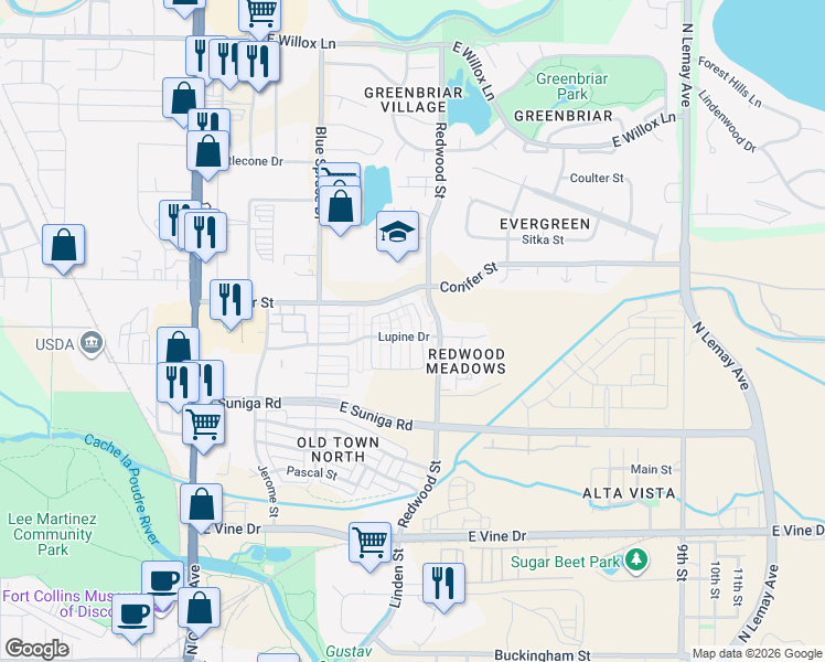 map of restaurants, bars, coffee shops, grocery stores, and more near 1107 Redwood Street in Fort Collins