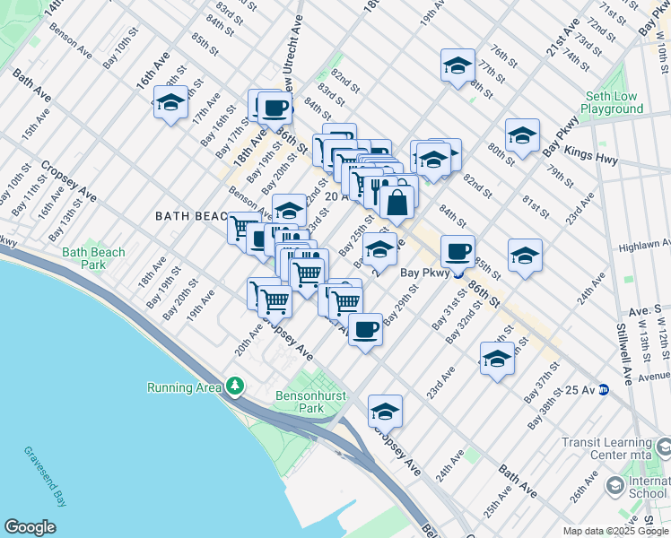 map of restaurants, bars, coffee shops, grocery stores, and more near 103 Bay 25th Street in Brooklyn