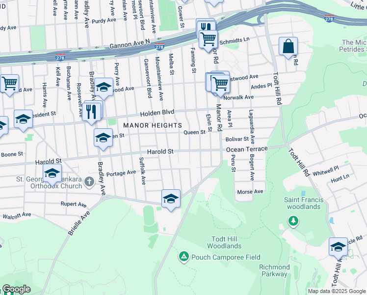 map of restaurants, bars, coffee shops, grocery stores, and more near 111 Harold Street in Staten Island