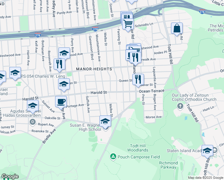 map of restaurants, bars, coffee shops, grocery stores, and more near 111 Harold Street in Staten Island