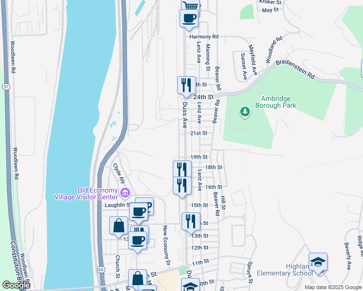 map of restaurants, bars, coffee shops, grocery stores, and more near 1900 Duss Avenue in Ambridge