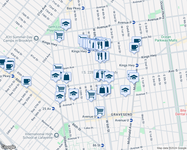 map of restaurants, bars, coffee shops, grocery stores, and more near 1856 West 7th Street in Brooklyn