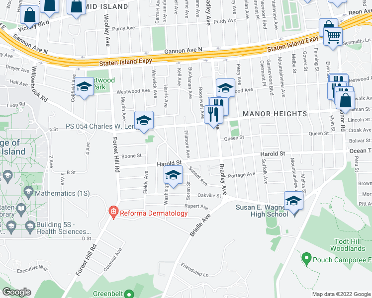 map of restaurants, bars, coffee shops, grocery stores, and more near 84 Fillmore Avenue in Staten Island