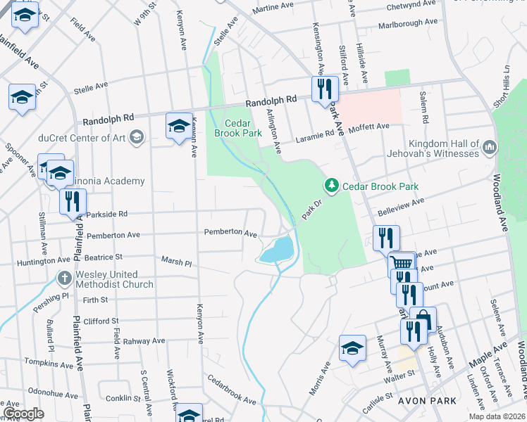 map of restaurants, bars, coffee shops, grocery stores, and more near 74-76 Parkside Road in Plainfield