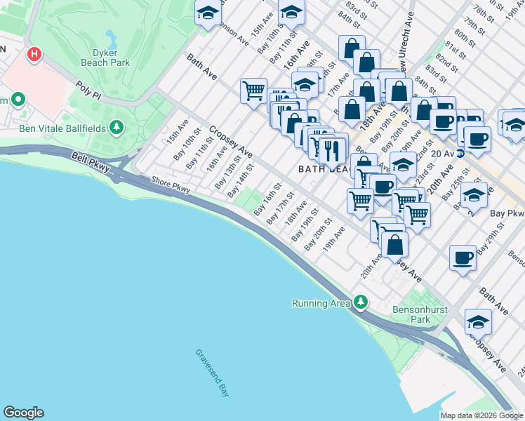 map of restaurants, bars, coffee shops, grocery stores, and more near 8909 Bay 16th Street in Brooklyn
