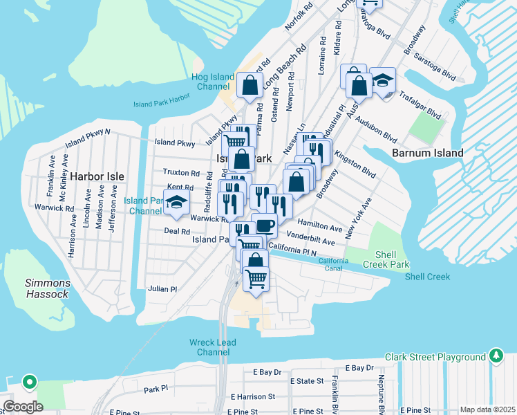 map of restaurants, bars, coffee shops, grocery stores, and more near 25 Nassau Lane in Island Park
