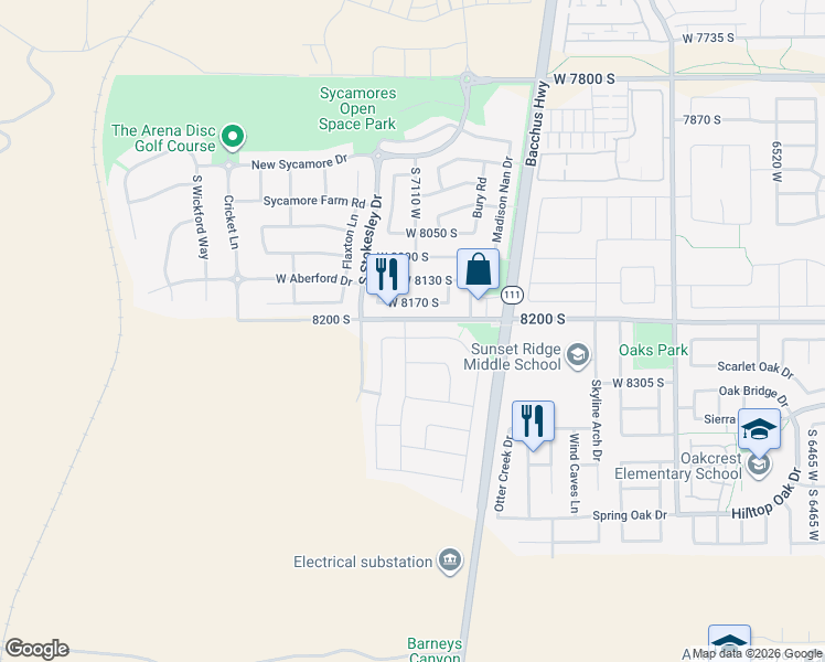 map of restaurants, bars, coffee shops, grocery stores, and more near 7114 West Jayson Bend Drive in West Jordan