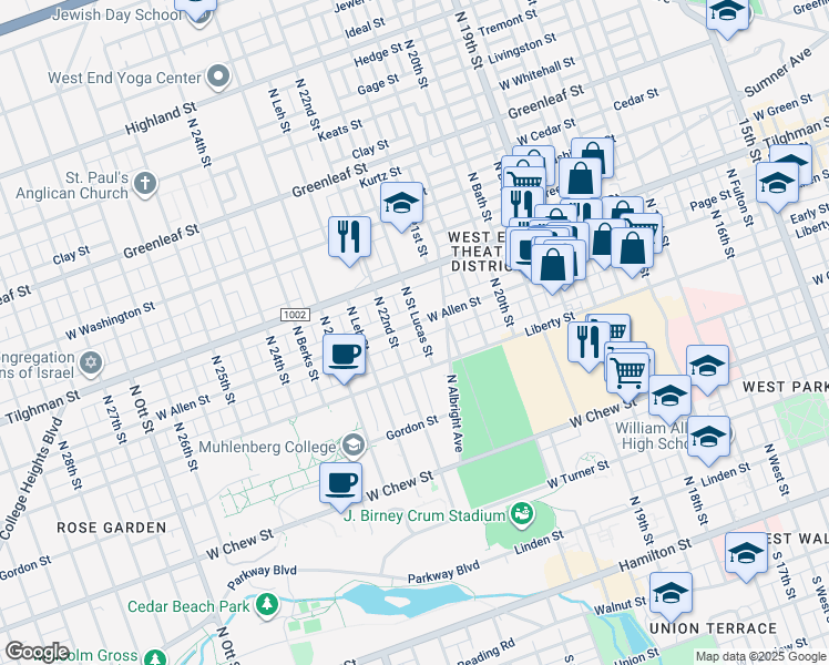 map of restaurants, bars, coffee shops, grocery stores, and more near 2132 West Allen Street in Allentown