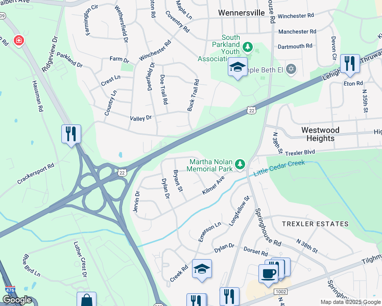 map of restaurants, bars, coffee shops, grocery stores, and more near 1135 North Whitman Street in Allentown