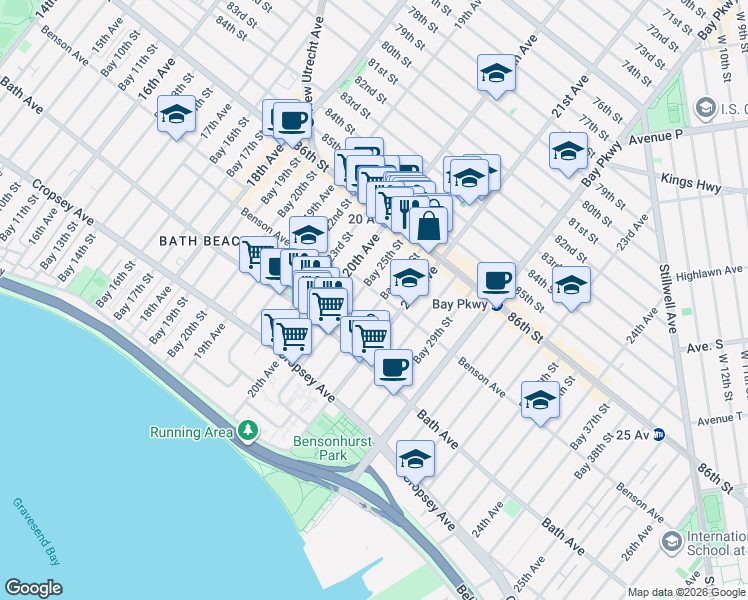 map of restaurants, bars, coffee shops, grocery stores, and more near 86 Bay 26th Street in Brooklyn