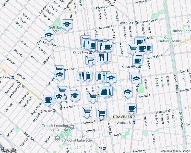 map of restaurants, bars, coffee shops, grocery stores, and more near 1856 West 7th Street in Brooklyn