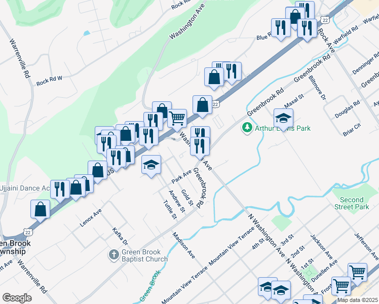 map of restaurants, bars, coffee shops, grocery stores, and more near 1009 Washington Avenue in Green Brook Township