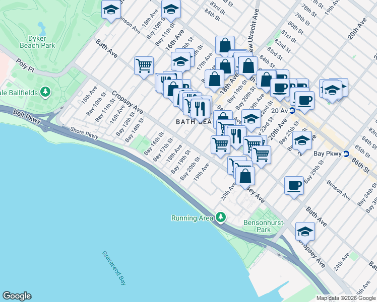 map of restaurants, bars, coffee shops, grocery stores, and more near 232 Bay 19th Street in Brooklyn