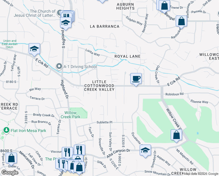 map of restaurants, bars, coffee shops, grocery stores, and more near 8215 South Creek Hollow Cove in Sandy