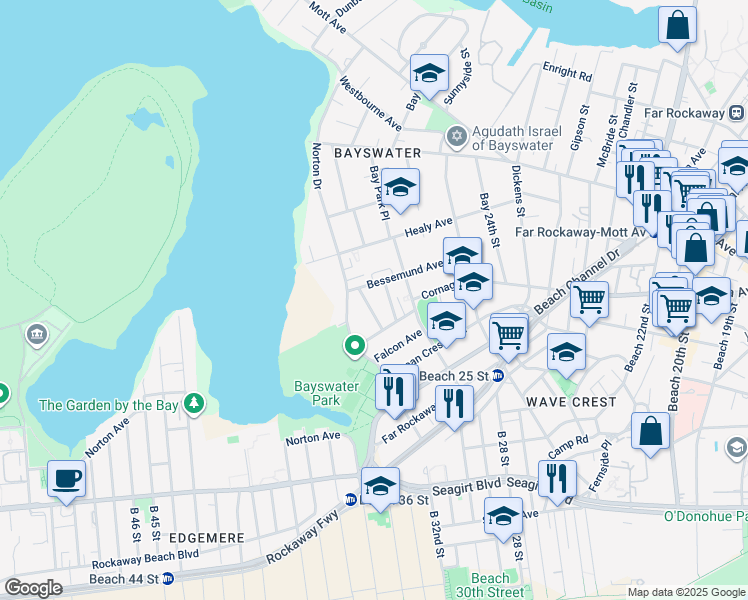 map of restaurants, bars, coffee shops, grocery stores, and more near 10-36 Bay 31st Street in Queens