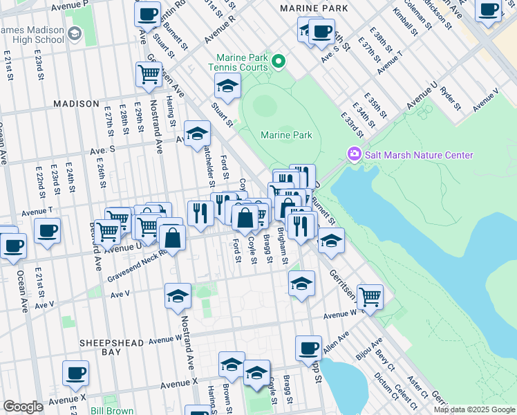 map of restaurants, bars, coffee shops, grocery stores, and more near 2054 Bragg Street in Brooklyn