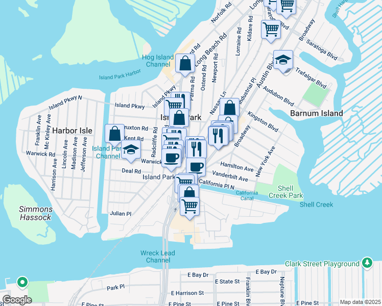 map of restaurants, bars, coffee shops, grocery stores, and more near 25 Nassau Lane in Island Park