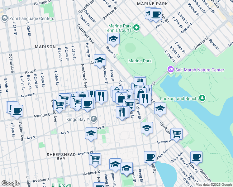 map of restaurants, bars, coffee shops, grocery stores, and more near 2043 Ford Street in Brooklyn