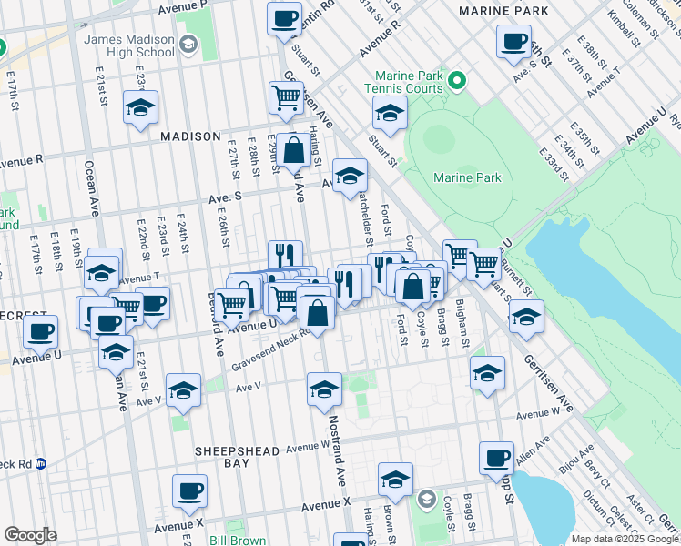 map of restaurants, bars, coffee shops, grocery stores, and more near 2031 Haring Street in Brooklyn