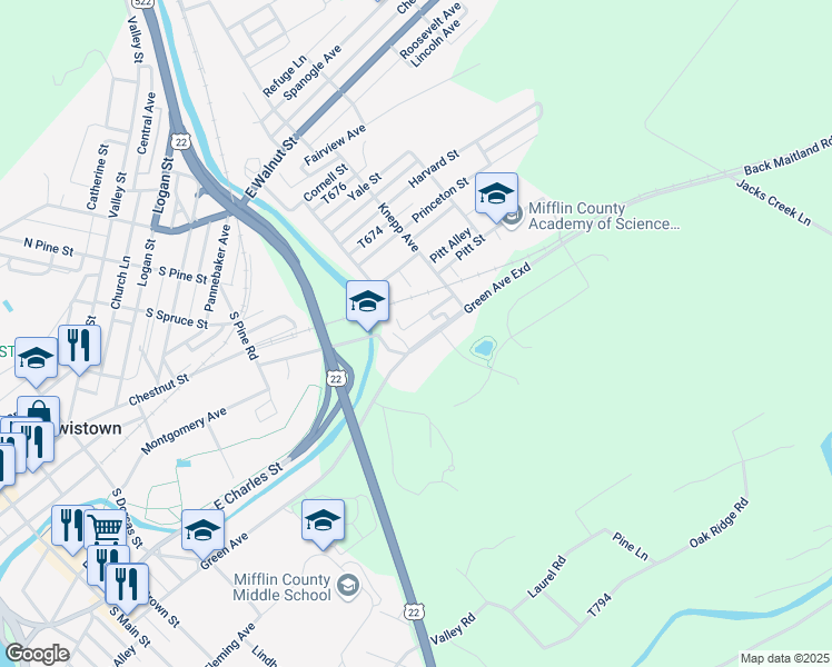 map of restaurants, bars, coffee shops, grocery stores, and more near 409 Green Avenue Extension in Lewistown