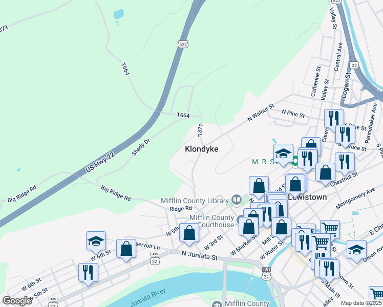 map of restaurants, bars, coffee shops, grocery stores, and more near 152 Klondyke Drive in Lewistown