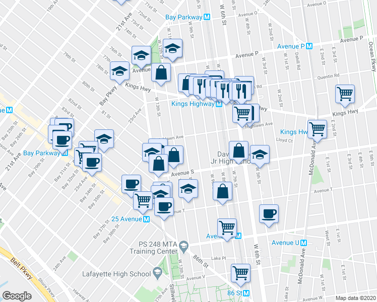 map of restaurants, bars, coffee shops, grocery stores, and more near 1839 West 11th Street in Brooklyn