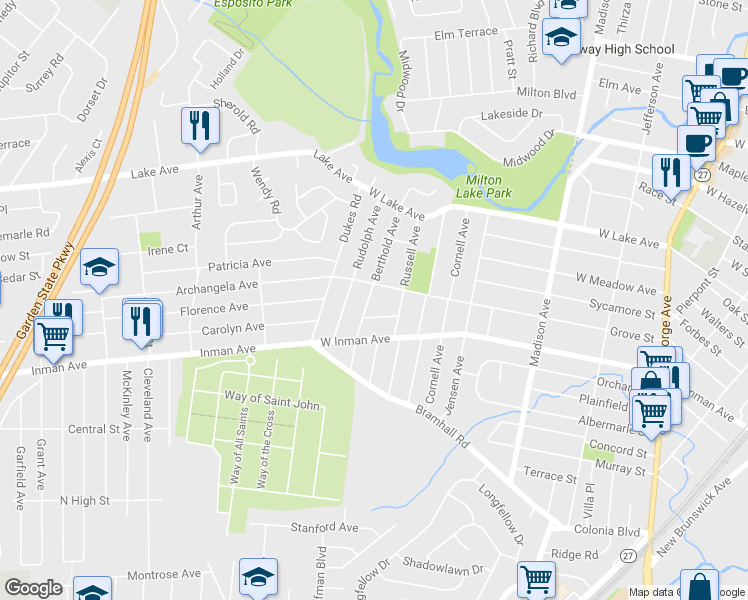 map of restaurants, bars, coffee shops, grocery stores, and more near 199 Berthold Avenue in Rahway