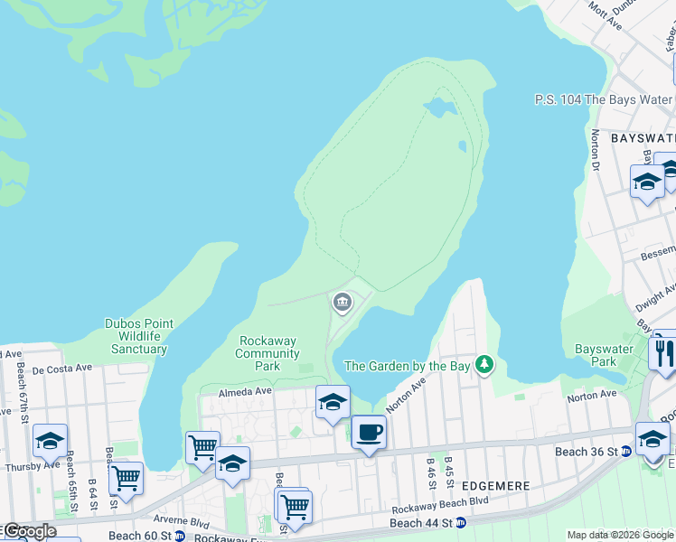 map of restaurants, bars, coffee shops, grocery stores, and more near 54-02 Almeda Avenue in Queens