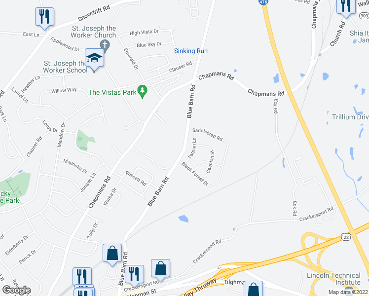 map of restaurants, bars, coffee shops, grocery stores, and more near 1482 Tarpan Lane in Allentown