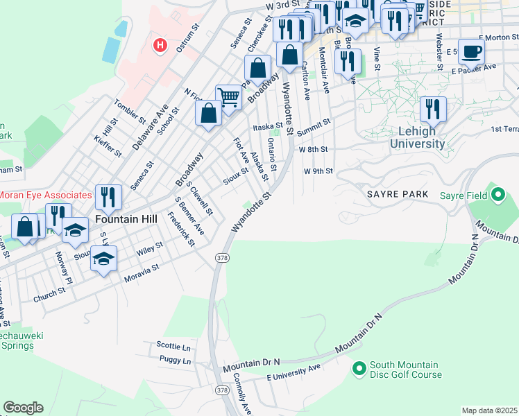 map of restaurants, bars, coffee shops, grocery stores, and more near 965 Wyandotte Street in Bethlehem