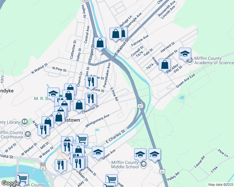 map of restaurants, bars, coffee shops, grocery stores, and more near 10 Feeder Avenue in Lewistown