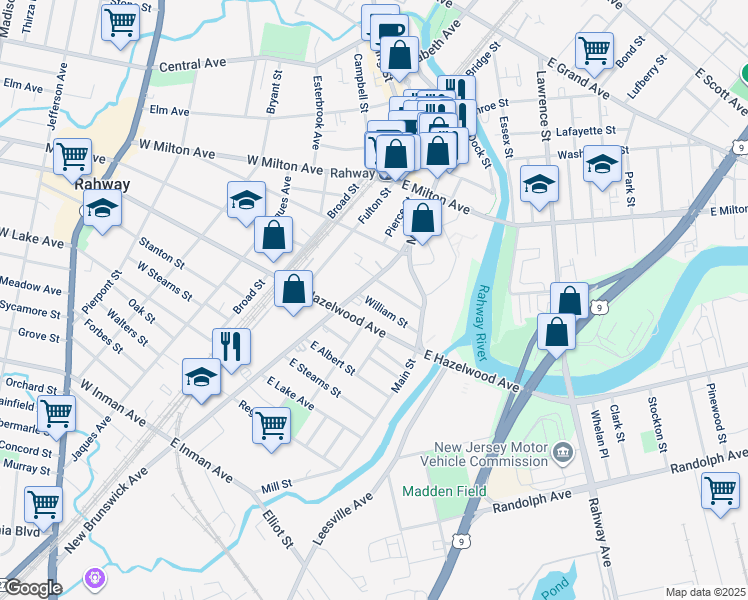 map of restaurants, bars, coffee shops, grocery stores, and more near 202 William Street in Rahway