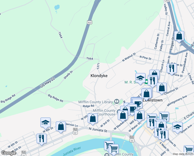map of restaurants, bars, coffee shops, grocery stores, and more near 152 Klondyke Drive in Lewistown