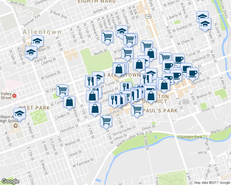 map of restaurants, bars, coffee shops, grocery stores, and more near 1031 Linden Street in Allentown