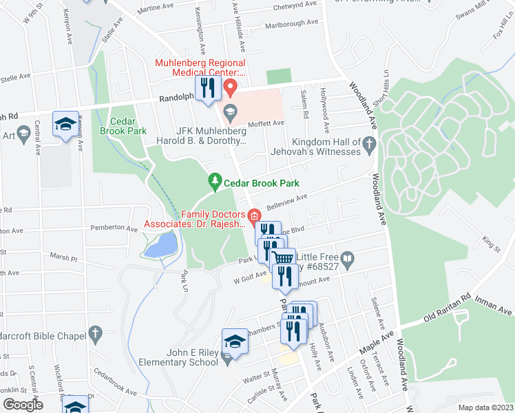 map of restaurants, bars, coffee shops, grocery stores, and more near 1381 Park Avenue in Plainfield
