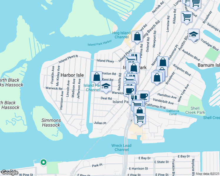 map of restaurants, bars, coffee shops, grocery stores, and more near 39 Hastings Road in Island Park