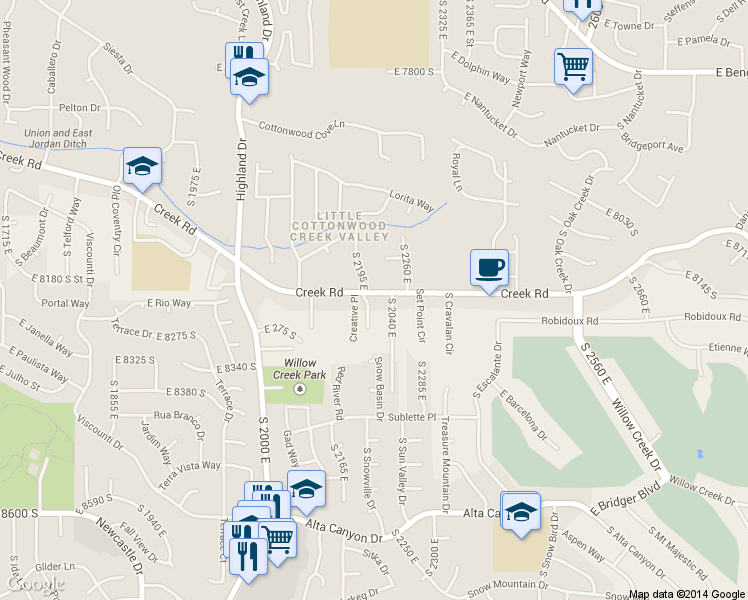 map of restaurants, bars, coffee shops, grocery stores, and more near 8215 South Creek Hollow Cove in Sandy