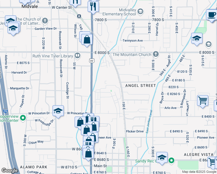 map of restaurants, bars, coffee shops, grocery stores, and more near 104 East Resaca Drive in Sandy