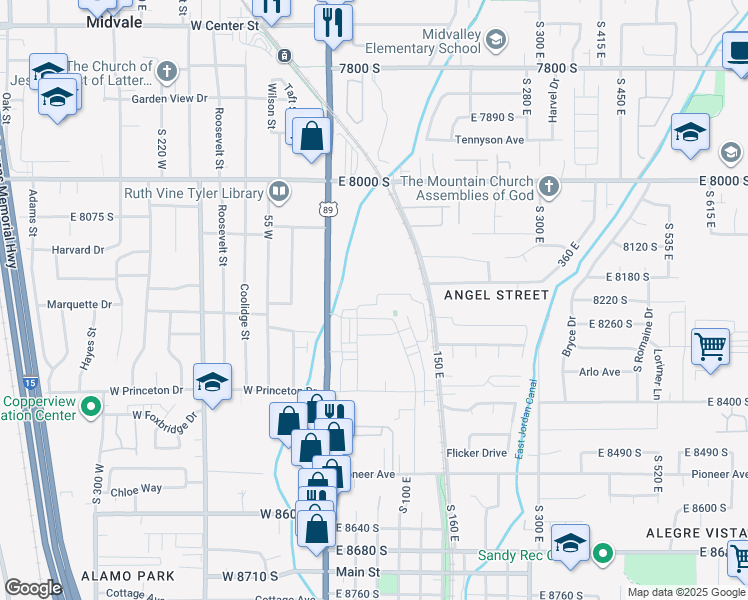 map of restaurants, bars, coffee shops, grocery stores, and more near 39 East 8240 South in Sandy