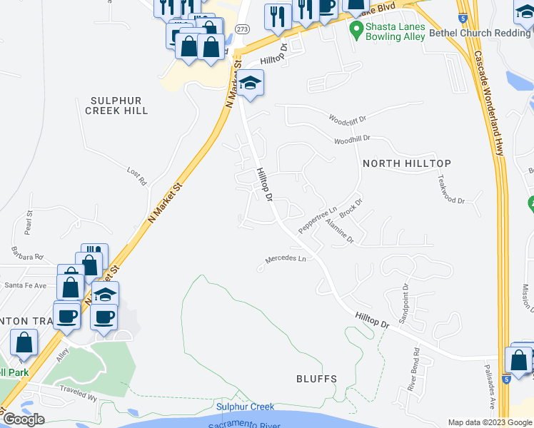 map of restaurants, bars, coffee shops, grocery stores, and more near 410 Ridgecrest Trail in Redding