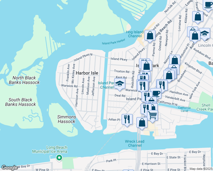 map of restaurants, bars, coffee shops, grocery stores, and more near 168 Washington Avenue in Island Park